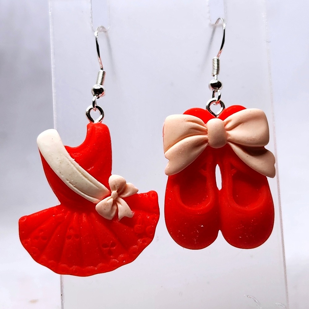 Red Ballet Tutu and Slippers Mismatched Polymer Clay Dangle Earrings Novelty